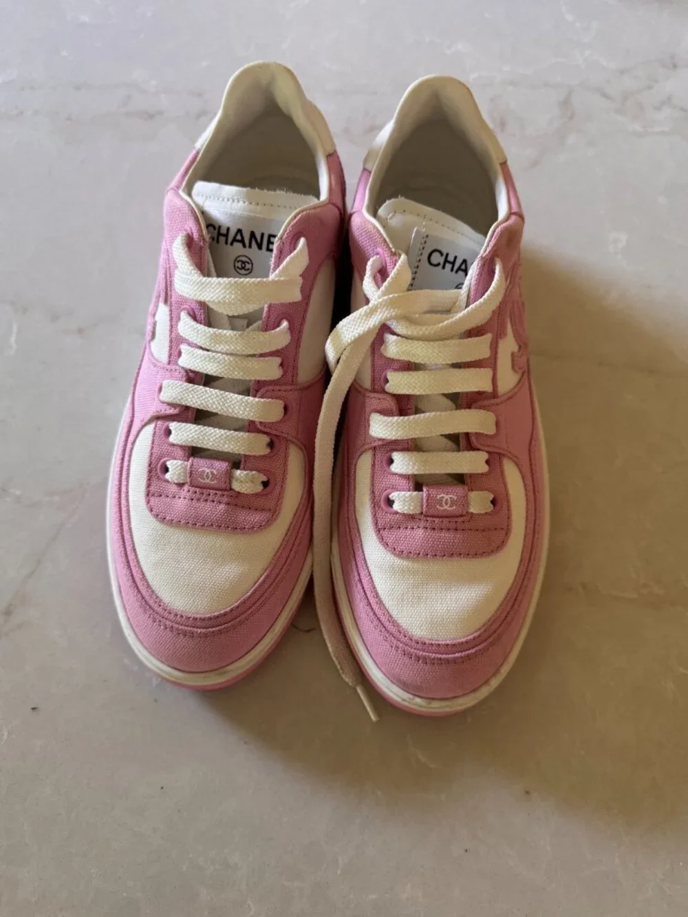 Chanel Interlocking CC Logo Canvas Sneakers — Pink/White Reference G45352
